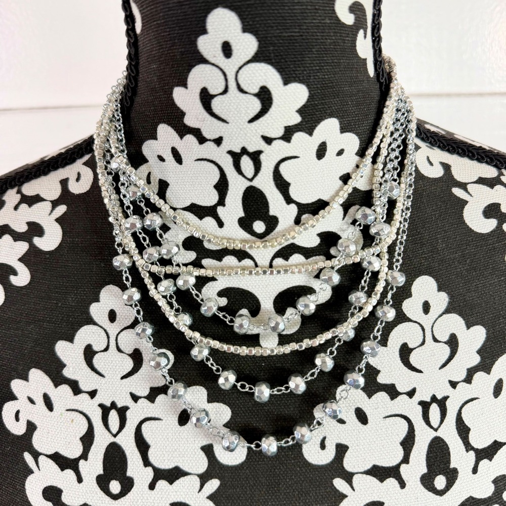 White House Black Market Silver Multi Strand Beaded Statement Necklace Layered